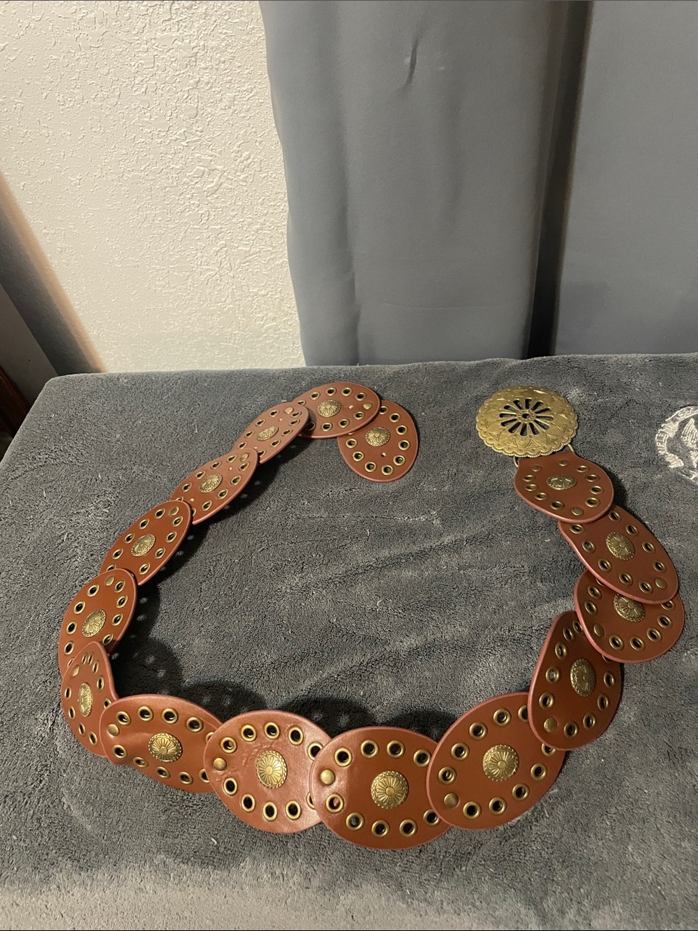 Brown Leather Disc Waist Belt with Gold Accents